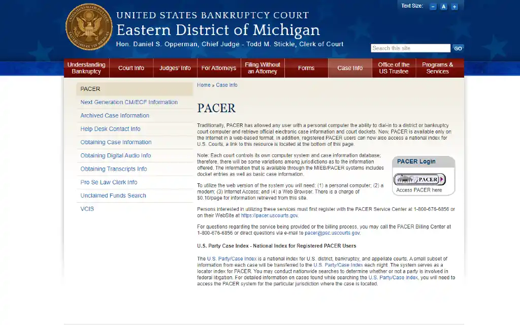 A screenshot showing information on how to look up free Michigan bankruptcy records.