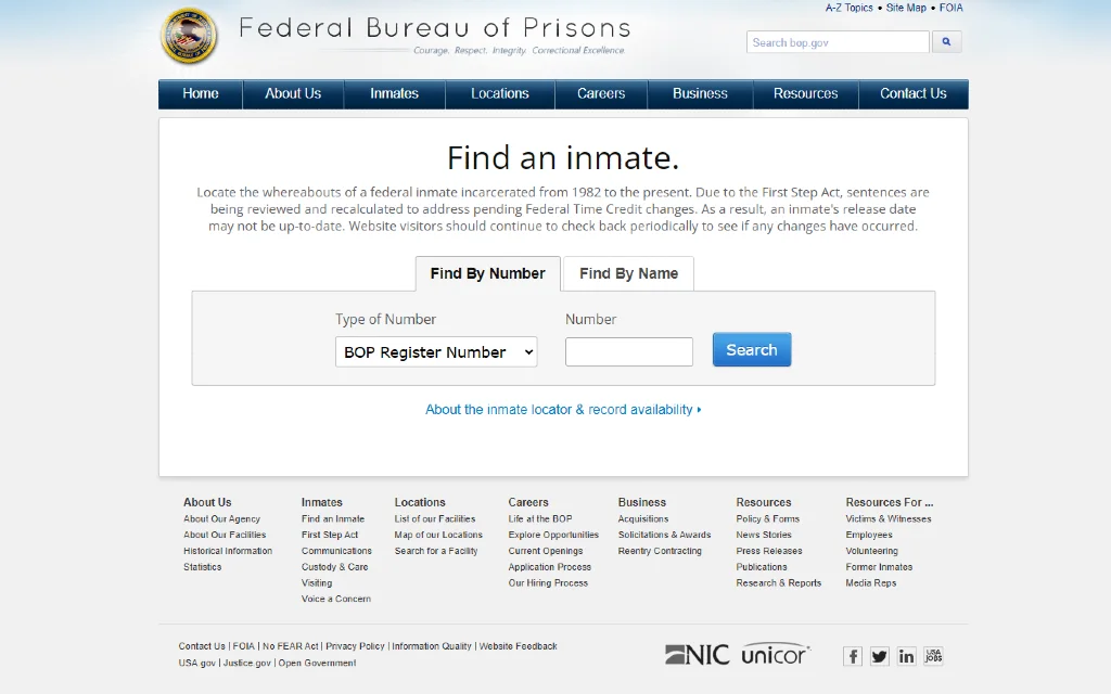 An image of BOP federal inmate finder to search for criminals and find current inmates.