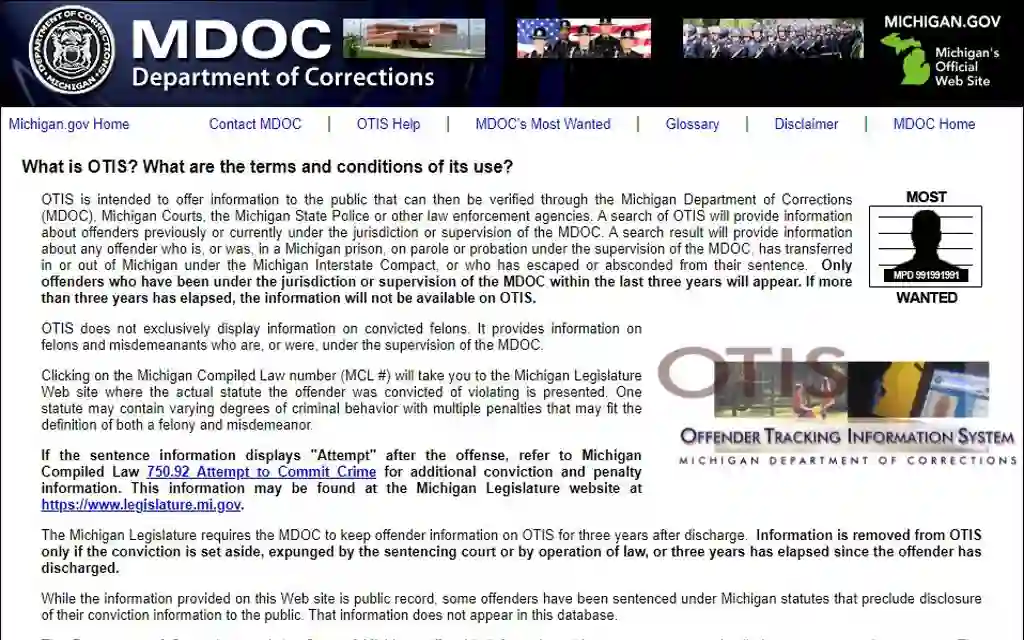 Michigan Department of Corrections (MDOC) website glossary outlining free inmate search process and Michigan Compiled Law 750.92.
