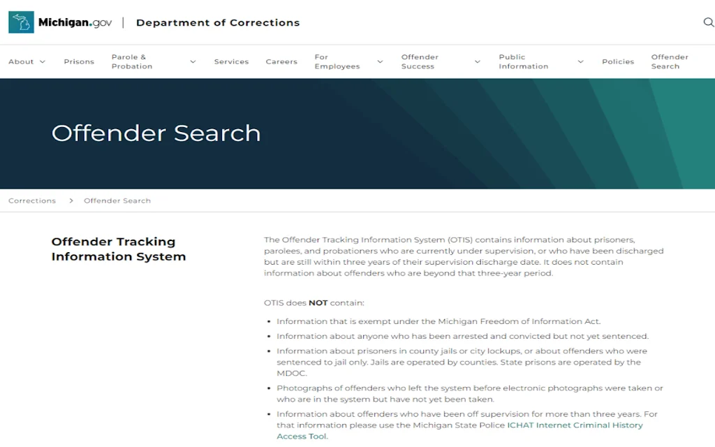 A screenshot of the MI DOC website showing OTIS or their offender tracking information system has exclusions such as, they don't provide jail records.