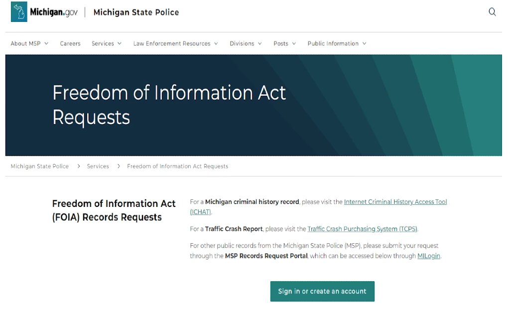 A screenshot of the Michigan state police website showing that free public record requests are possible through the freedom of information act.
