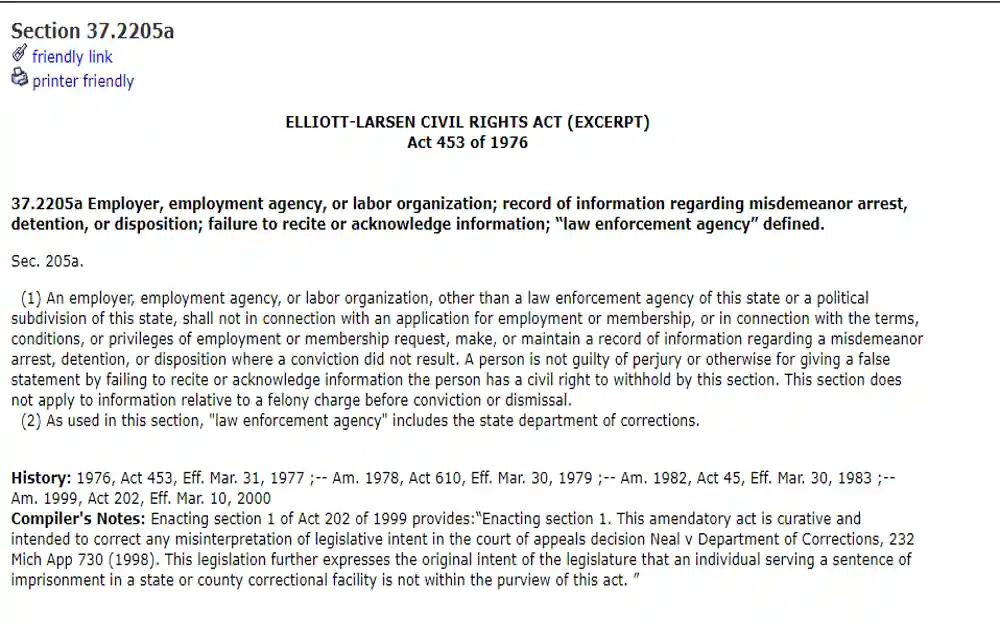 Screenshot of the text of the Elliott-Larsen Civil Rights Act, a Michigan state law that prohibits discrimination based on characteristics such as race, religion, sex, and national origin in employment, housing, and public accommodations, the screenshot displays a section of the law's text, including definitions of key terms and descriptions of prohibited discriminatory practices.