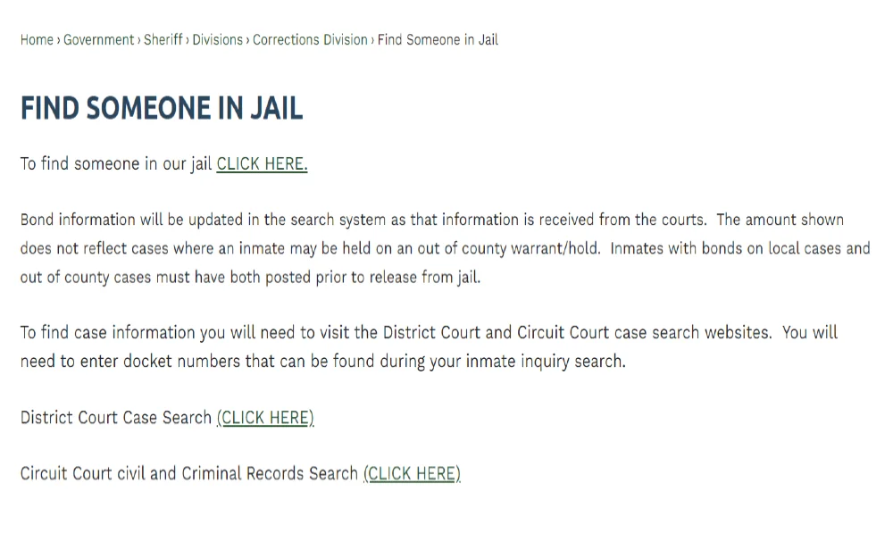 Grand Traverse County Inmate Finder website displaying a search bar and options for searching inmates by name or booking number.