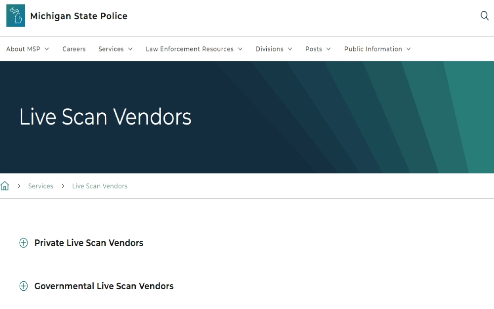 Screenshot of Michigan State Police Live Scan Vendors website displaying a directory of vendors authorized by the state to provide fingerprinting services through Live Scan technology for criminal background checks and other related purposes.