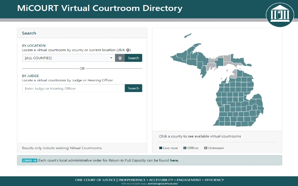 Screenshot of MiCourt Virtual Courtroom Directory webpage displaying a list of virtual courtrooms and their corresponding links for online court proceedings in Michigan.