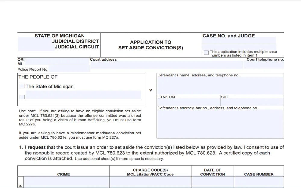 Screenshot of the Michigan Application to Set Aside Conviction form, which is a legal document used in Michigan to request the expungement, the form includes fields for personal information, details of the conviction(s).