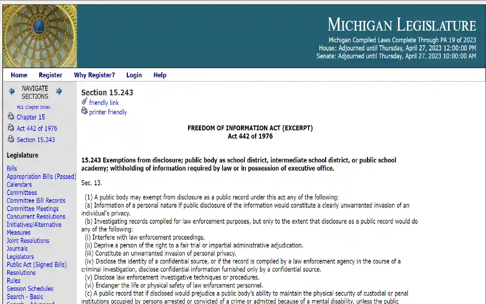 Screenshot of the Michigan Legislature website featuring the state seal at the top left corner, followed by a navigation menu with options for various legislative functions.