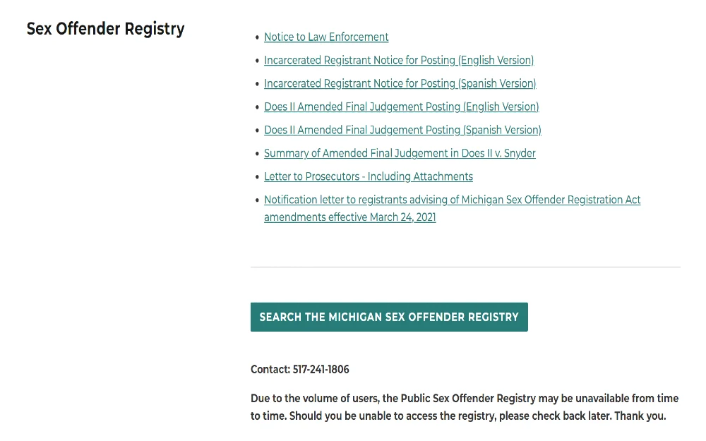 Screenshot of the Michigan Sex Offender Registry website, displaying a search bar and various options for finding information on registered sex offenders in the state.