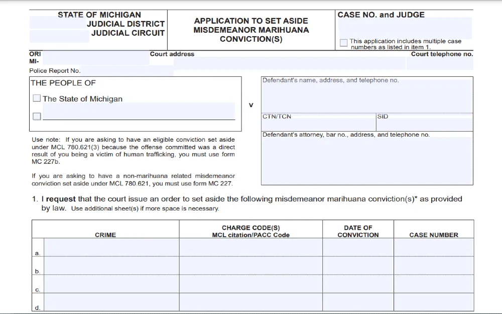 Screenshot of the APPLICATION TO SET ASIDE MISDEMEANOR MARIHUANA CONVICTION(S) form, which is a legal document used in Michigan, the form includes fields for personal information, details of the conviction(s), and a statement explaining why the applicant believes they should be granted the expungement.
