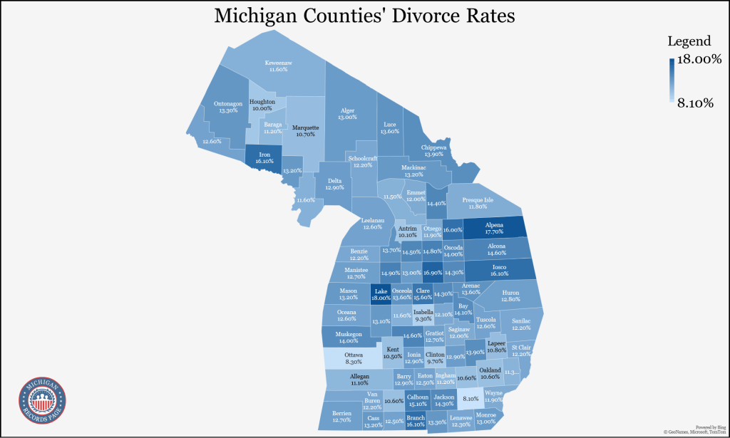 An outline of the map of Michigan with its Counties showing the divorce population rates of each base on the Census Bureau year 2021.