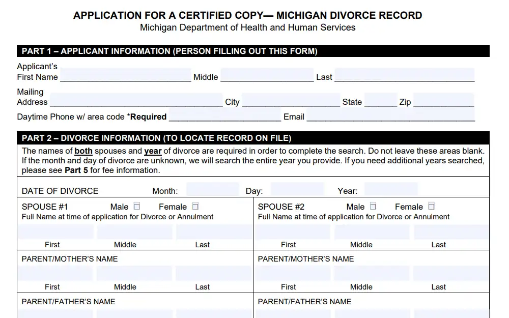 A screenshot of the application form for a certified copy of the Michigan Divorce document from the State's Department of Health & Human Services requires completing the applicant and divorce information fields to locate the document.