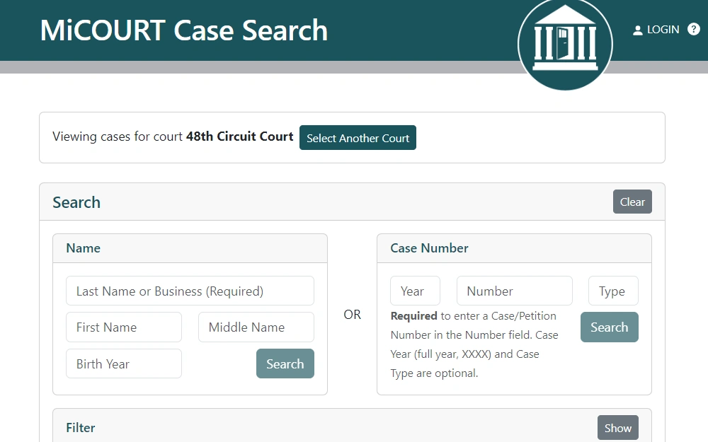 A screenshot of the MiCOURT Case Search page displays two available options to search for cases in 48th Circuit Court such as by name or by case number.