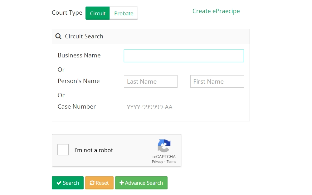A screenshot of the Court Explore provided by the Oakland County Clerk's Office shows three options to search: Business Name, Person's Name or Case Number; users must complete captcha verification to proceed with the search.