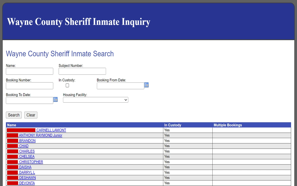 A county sheriff's online inmate inquiry system, showing a search interface for filtering by name, booking number, and housing facility, along with a list of inmate names indicating their custody status and if they have multiple bookings.