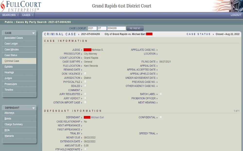 A legal case information from a district court's public records, highlighting case details, court location, and judge assignment, along with dates pertinent to the case's proceedings, all resolved by a specified closing date.