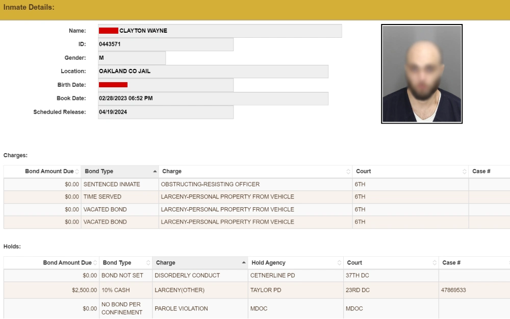 A correctional facility's database showing the detailed profile of a male inmate, including identification number, personal details, incarceration status, and a list of charges with the corresponding courts and case numbers.