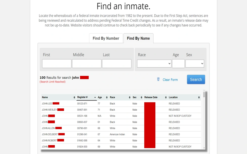 Displaying a search tool interface for locating federal inmates with input fields for first, middle, and last name, alongside search results showing a limited list of inmates, with their register numbers, age, race, sex, release date, and location, indicating diverse demographic data and custody status.