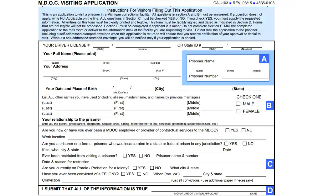 An official visitation application form from the Michigan Department of Corrections that requires personal identification details, relationship to the inmate, and various security questions to determine eligibility for prison visitation.