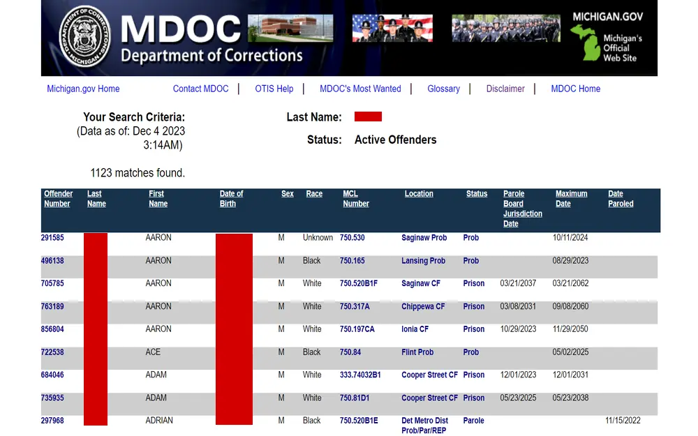 This is a digital interface of the Michigan Department of Corrections displaying a list of active offenders, detailing their offender number, first name, date of birth, sex, race, correctional facility location, current status, parole board jurisdiction date, maximum sentence date, and date paroled, with a total of 1123 matches found for the search criteria.