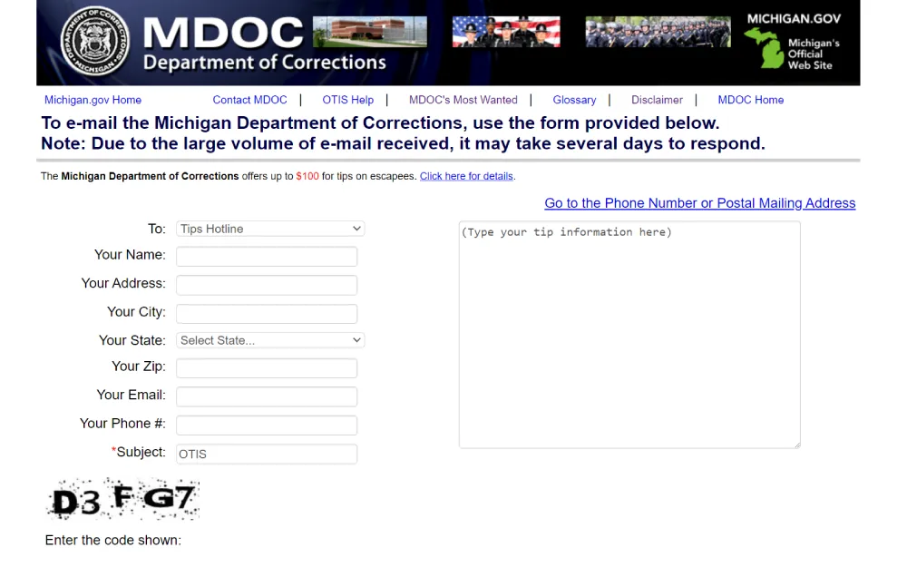 A web form from the Michigan Department of Corrections designed to collect tips from the public, featuring input fields for personal details, contact information, and the tip message, with a note regarding response times due to high email volume.