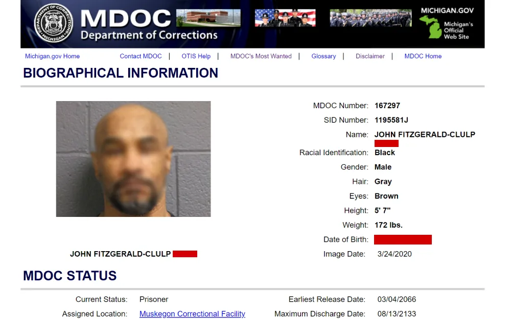 A screenshot from the Michigan Department of Corrections showing detailed biographical information of an inmate, including identification numbers, name, demographic details, physical characteristics, incarceration status, and facility assignment, with a photo for identification.