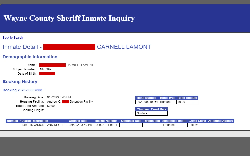 A detailed view of an inmate's information from the Wayne County Sheriff's database, including demographic data, booking history, charge descriptions, offense and sentence details, with the housing facility and bond amount listed, reflecting the structured data available for individuals in custody.