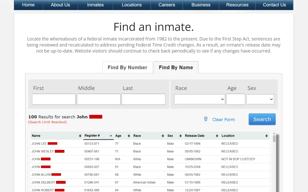 A screenshot from the Federal Bureau of Prisons shows a list of individuals' names, including their register numbers, ages, races, genders, release dates, and custody statuses.