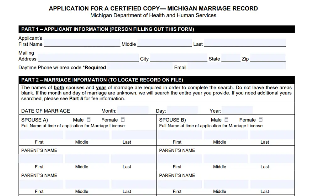 A screenshot displaying a Michigan marriage record application for a certified copy showing part 1 and 2 application and marriage information to be filled in, including the applicant, spouse, and parent's complete name from the Michigan Department of Health and Human Services website.