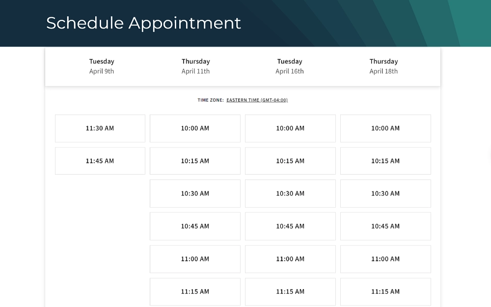 A screenshot from the Michigan Department of Health and Human Services schedule appointment displaying the available date and time on a calendar format and a timezone option to select.