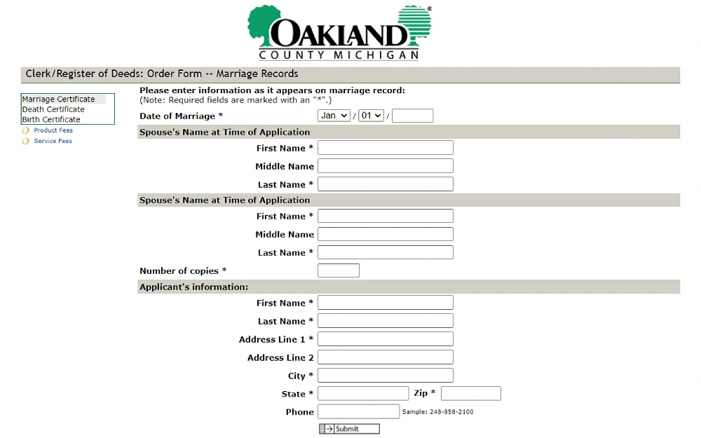 A screenshot from the Oakland County Clerk & Register of Deeds vital statistics online application marriage order form with details to be filled in, such as spouse name at the time of application and other applicant's information.