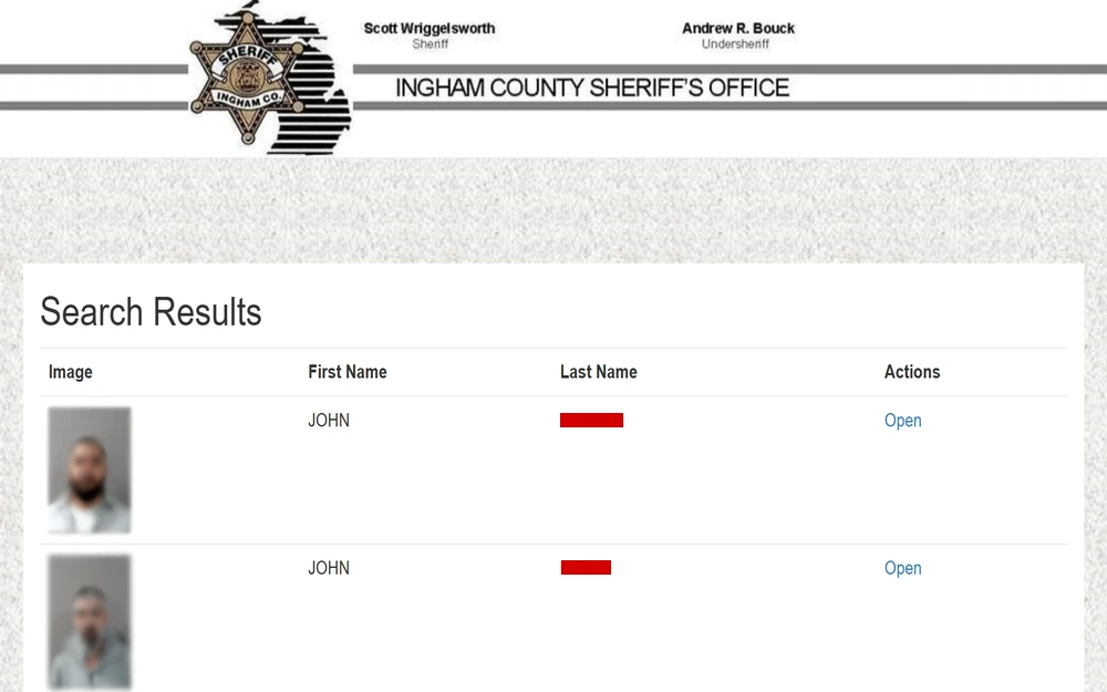 A screenshot from the Ingham County Sheriff's Office showing search results for inmates, with thumbnail images, first and last names, and links to open more detailed records.