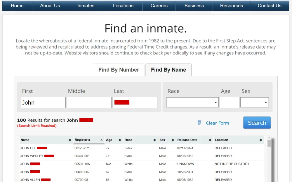 A screenshot displays a Federal Bureau of Prisons search tool with a form to input a first and last name, and search results show a list of individuals by name, registration number, age, race, sex, release date, and current location status.