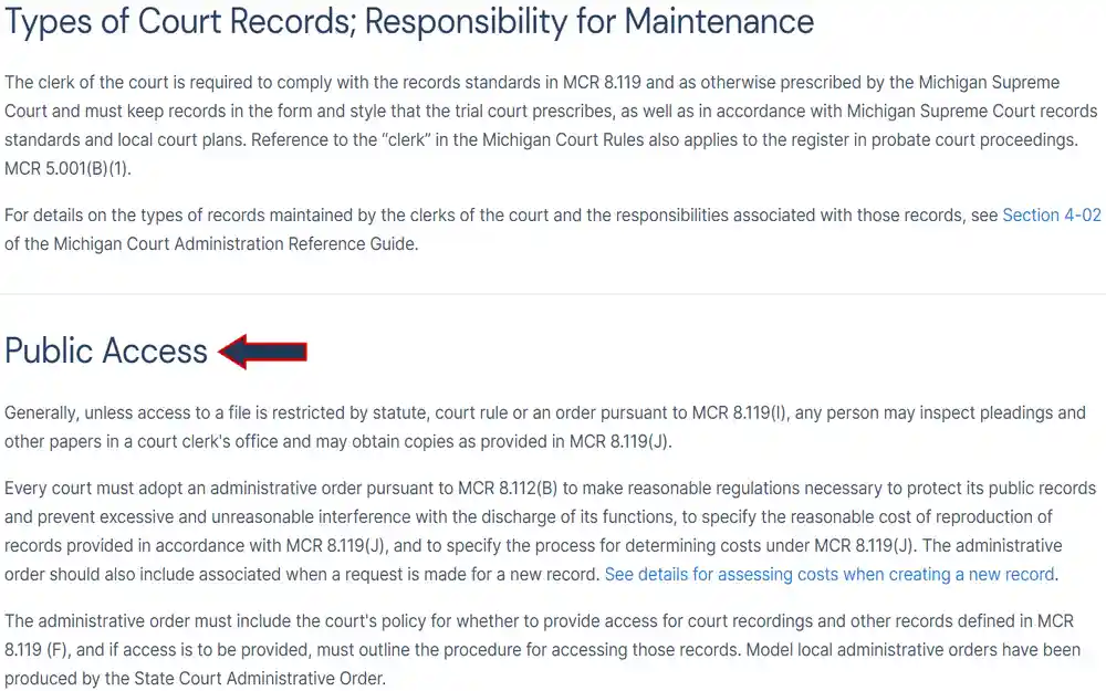 A screenshot from the Michigan Supreme Court contains text explaining the responsibilities for maintaining various court records, referencing the court clerks, their adherence to specific court rules and standards, and guidelines for public access to these records.