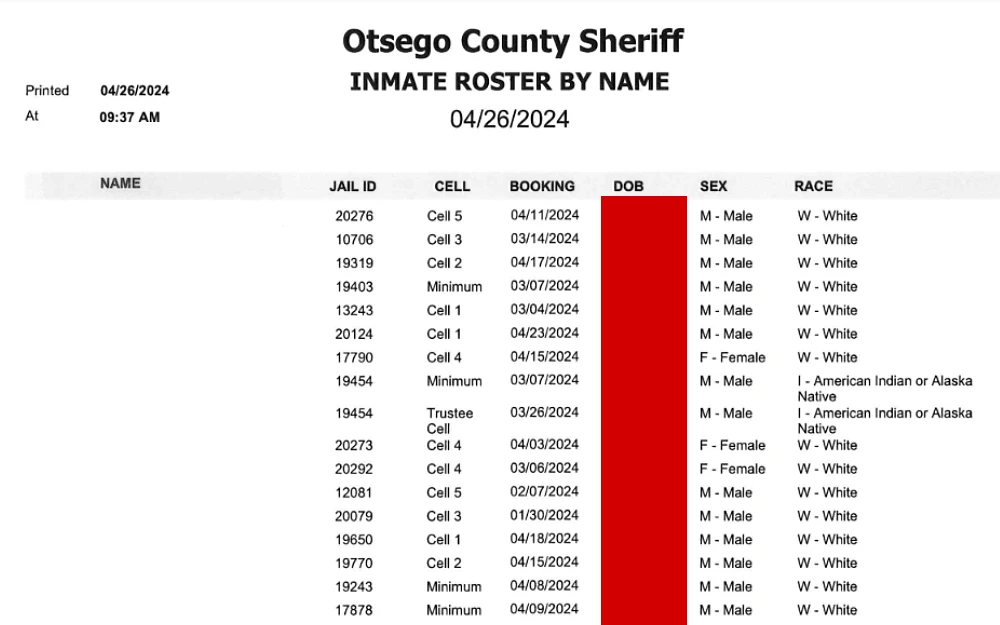 A screenshot of an inmate roster by name from the Otsego County Sheriff's Office website shows the name, jail ID, cell number, date of birth, sex and race.