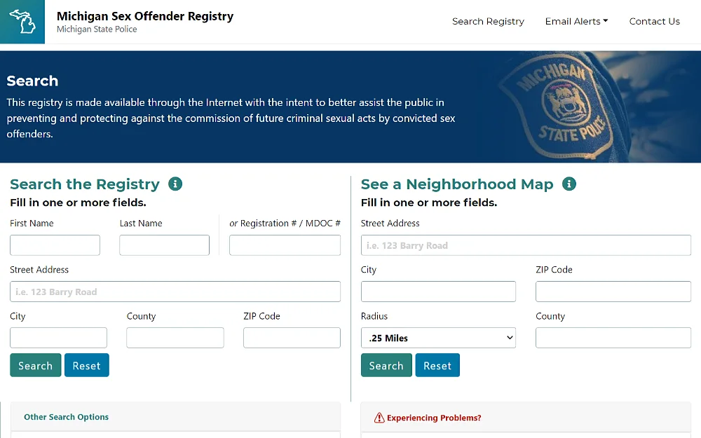 A screenshot of a Michigan sex offender registry by entering the first name, last name, registration number, MDOC number, street address, city, county, and zip code.
