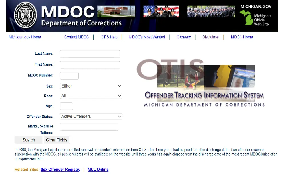 A screenshot showing an offender tracking information system from the Michigan Department of Corrections website to search by entering the last name, first name, MDOC number, sex, race, age, offender status, marks, scars or tattoos.
